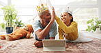 Education, high five and tablet of girl with father on living room floor for family or fantasy story. Crown, success and wand of daughter with single parent man in home for learning or streaming