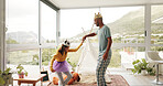 Father, dance and holding hands with child at house for fun, pretend play and royal performance. Smile, man and princess costume with daughter for fairytale, ballet rehearsal and creative imagination