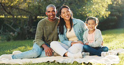 Buy stock photo Portrait, parents and child outdoor on picnic blanket with smile and bonding together on weekend break. Mother, father and people on grass with daughter, connection and family wellness for vacation.