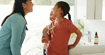 Buy stock photo Kids, mother and check for dental health in bathroom, gum wellness and fresh breath with parent. Children, toothbrush and mouth inspection with mom in home, clean teeth and learning oral hygiene