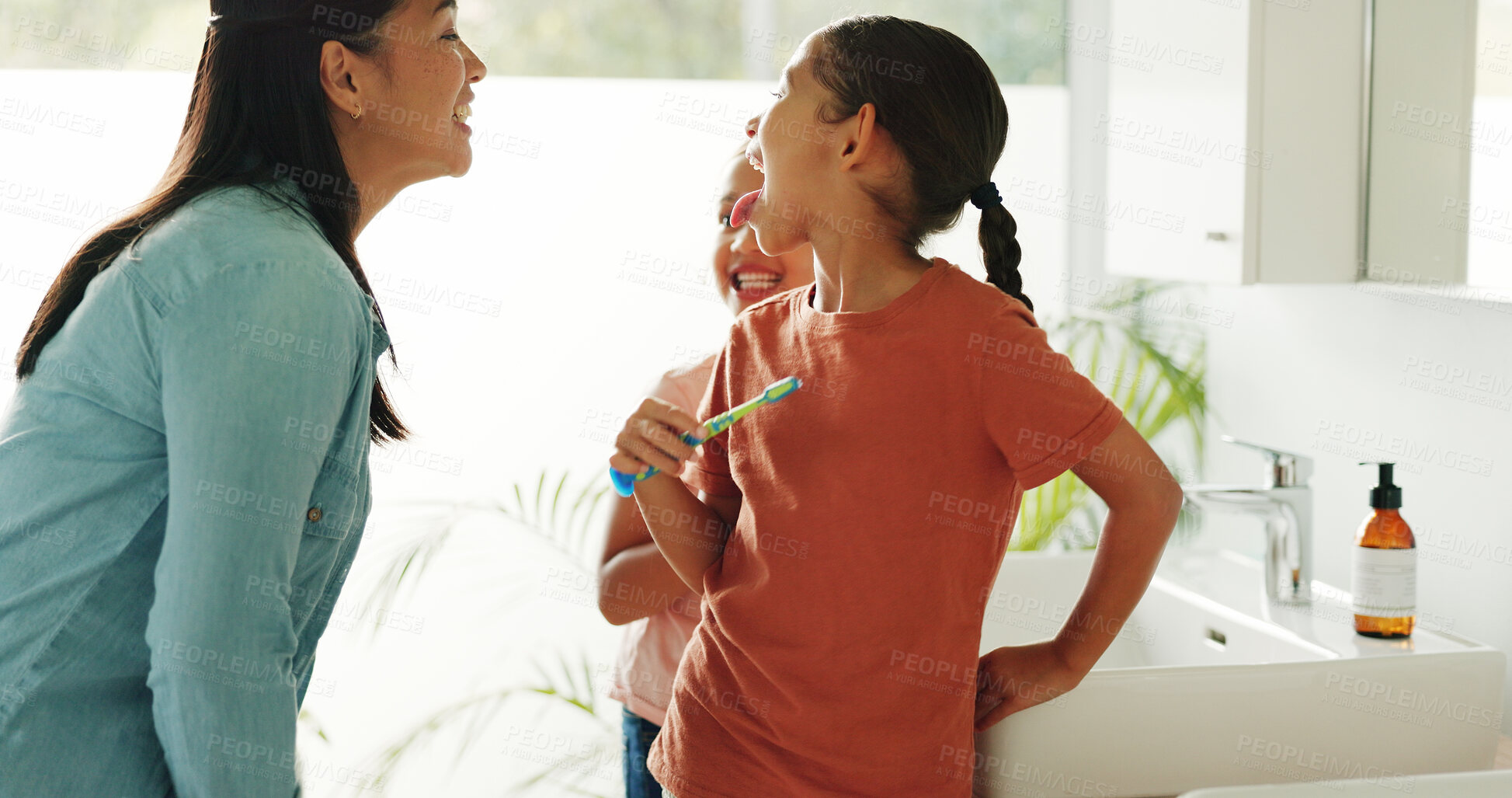 Buy stock photo Kids, mother and check for dental health in bathroom, gum wellness and fresh breath with parent. Children, toothbrush and mouth inspection with mom in home, clean teeth and learning oral hygiene