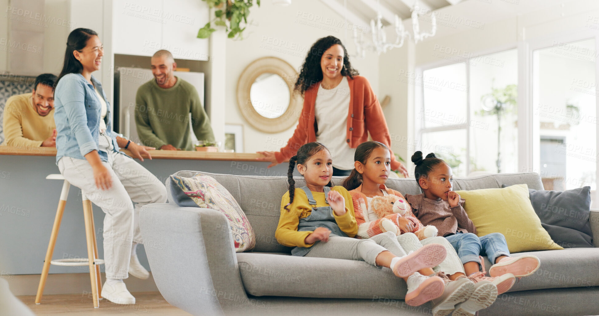 Buy stock photo Happy, parents and friends with children on the sofa for watching tv, social hangout and relax. Home, weekend and people with kids on couch for bonding, entertainment and streaming at play date