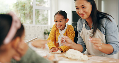 Buy stock photo Baking, mother and girls in kitchen, help and bonding together for hobby, ingredients or smile. Family, mama or daughters in home, happiness or meal prep with utensils for cooking, learn and recipe