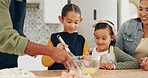 Kitchen, parents and kids baking with eggs for teaching recipe, cake mixture and development. Family bonding, people or children with ingredients for dessert, learning how to and helping hand in home