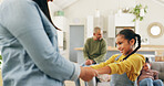 Mother, dance or holding hands with child in living room, family support or bonding for relationship. Connection, woman and girl with happiness in home on weekend, music and groove for fun together