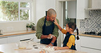 Baking, father and girl in kitchen, funny and bonding together for hobby, ingredients or playful. Family, dad or happy daughter in home, fun or meal prep with utensils for cooking, dough or recipe