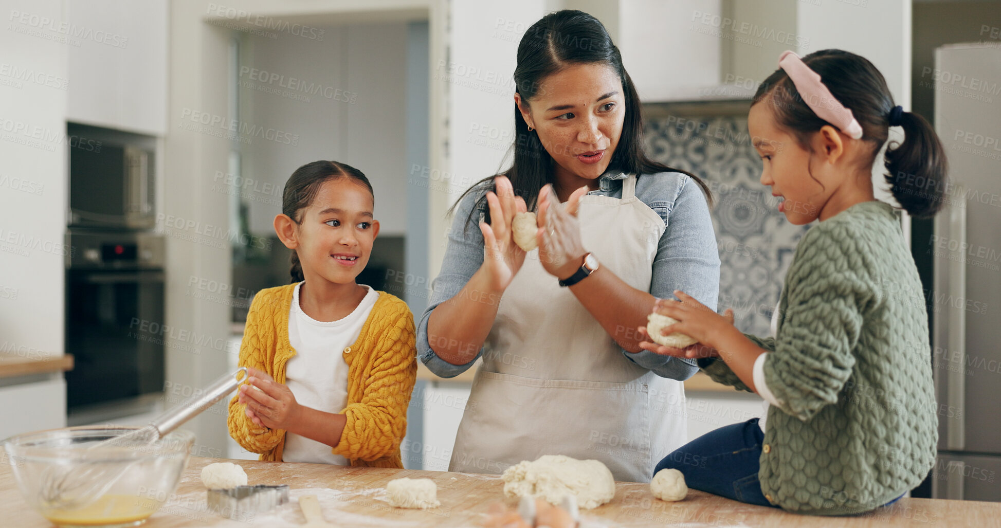 Buy stock photo Home, mom and children baking with dough for teaching dessert recipe, bonding or development. Kneading, mother or kids with pastry preparation for scones, learning skills or cooking lesson in kitchen