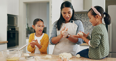 Buy stock photo Kitchen, mother or kids baking with dough for teaching cookies recipe, bonding or development. Support, mom and girl children with pastry preparation for cake, instructions and relationship in home