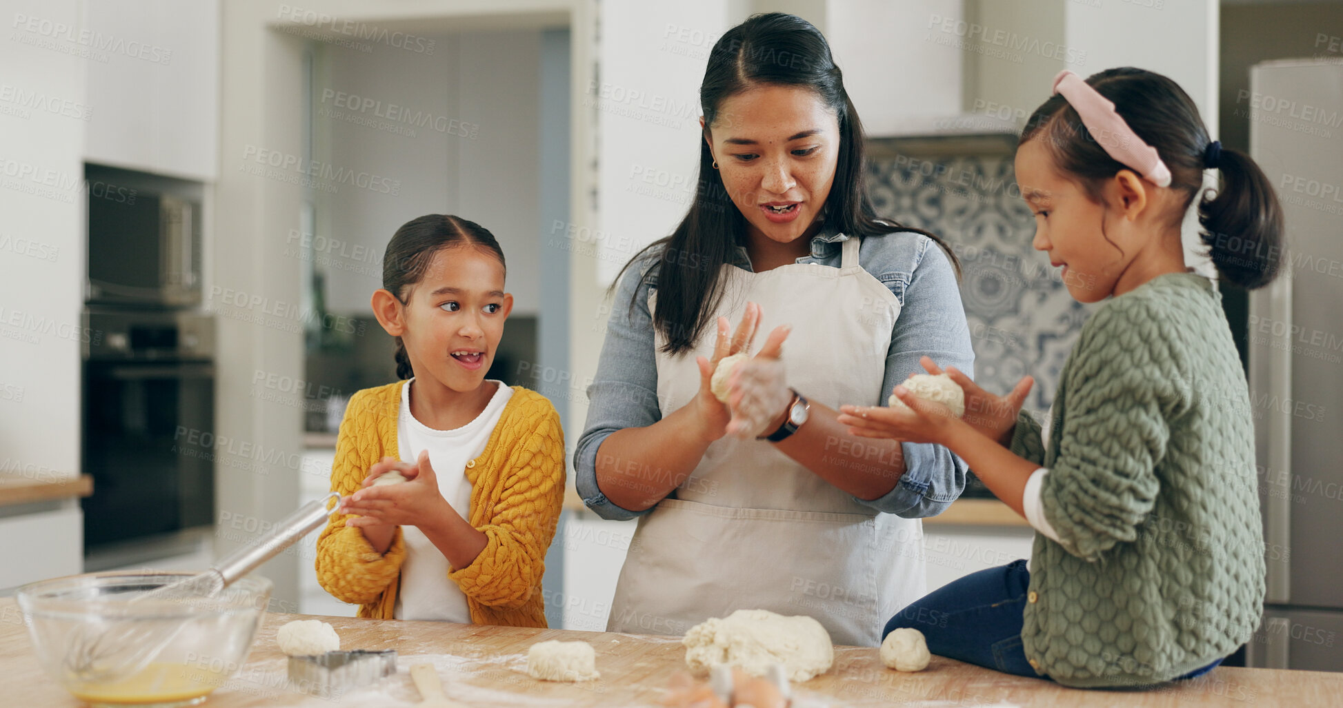Buy stock photo Kitchen, mother or kids baking with dough for teaching cookies recipe, bonding or development. Support, mom and girl children with pastry preparation for cake, instructions and relationship in home