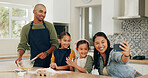 Baking, parents and children with selfie in kitchen, weekend bonding and social media post for memory. Smile, photography and people with girls for teaching cooking, profile picture update and home