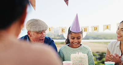 Buy stock photo Family, child and cake for birthday in home, laughing together and clapping with generations. Dessert, happy girl and mother at party for special day, celebration and funny kid with grandfather