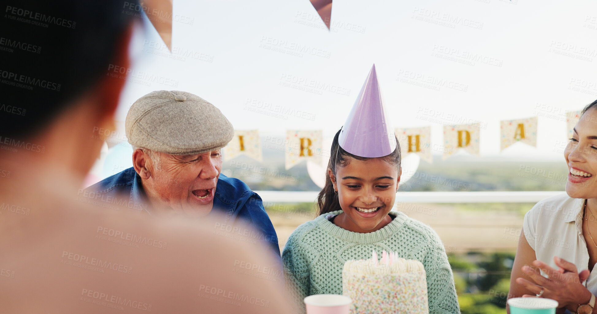 Buy stock photo Family, child and cake for birthday in home, laughing together and clapping with generations. Dessert, happy girl and mother at party for special day, celebration and funny kid with grandfather