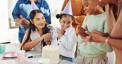 Buy stock photo Happy child, family and applause with birthday party, cake or hat for outdoor celebration together. Excited, group or clapping with smile, dessert or milestone for year, wishing or social gathering