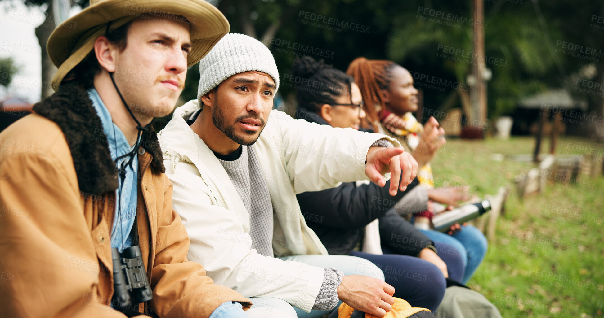 Buy stock photo Travel, camping and pointing with friends in nature for relax, adventure and winter vacation. Weekend break, wilderness explore and holiday getaway with people outdoor for campsite trip and bonding