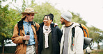 Travel, hiking and hug with friends in nature for relax, adventure and winter vacation. Weekend break, wilderness explore and holiday getaway with people outdoor for trekking trip and bonding