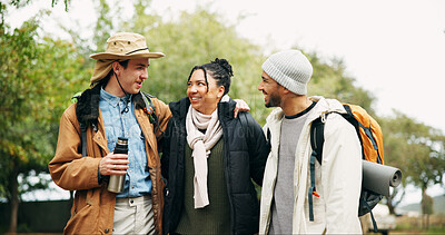 Buy stock photo Travel, hiking and hug with friends in nature for relax, adventure and winter vacation. Weekend break, wilderness explore and holiday getaway with people outdoor for trekking trip and bonding