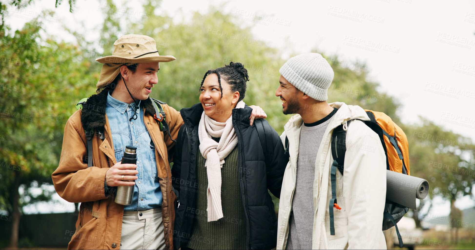 Buy stock photo Travel, hiking and hug with friends in nature for relax, adventure and winter vacation. Weekend break, wilderness explore and holiday getaway with people outdoor for trekking trip and bonding