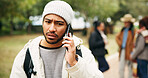 Worry, hiking and phone call with man in nature for no signal, location crisis and guide mistake. Connection issue, communication problem and trekking fail with people outdoor for travel error
