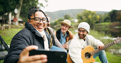 Buy stock photo Selfie, hiking and relax with friends in nature for social media post, adventure and profile picture. Trekking holiday, photography memory and vacation with group of people outdoor for trip and smile