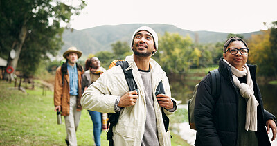 Buy stock photo Thinking, travel and hiking with friends in nature for eco vacation, adventure and weekend break. Trekking, winter holiday and sustainability tourism with people outdoor for explore, vision and trip