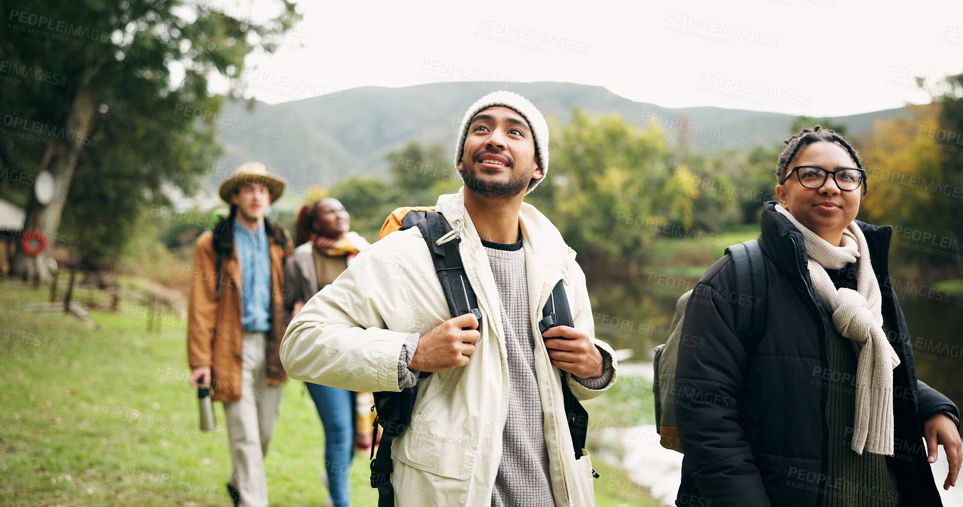 Buy stock photo Thinking, travel and hiking with friends in nature for eco vacation, adventure and weekend break. Trekking, winter holiday and sustainability tourism with people outdoor for explore, vision and trip