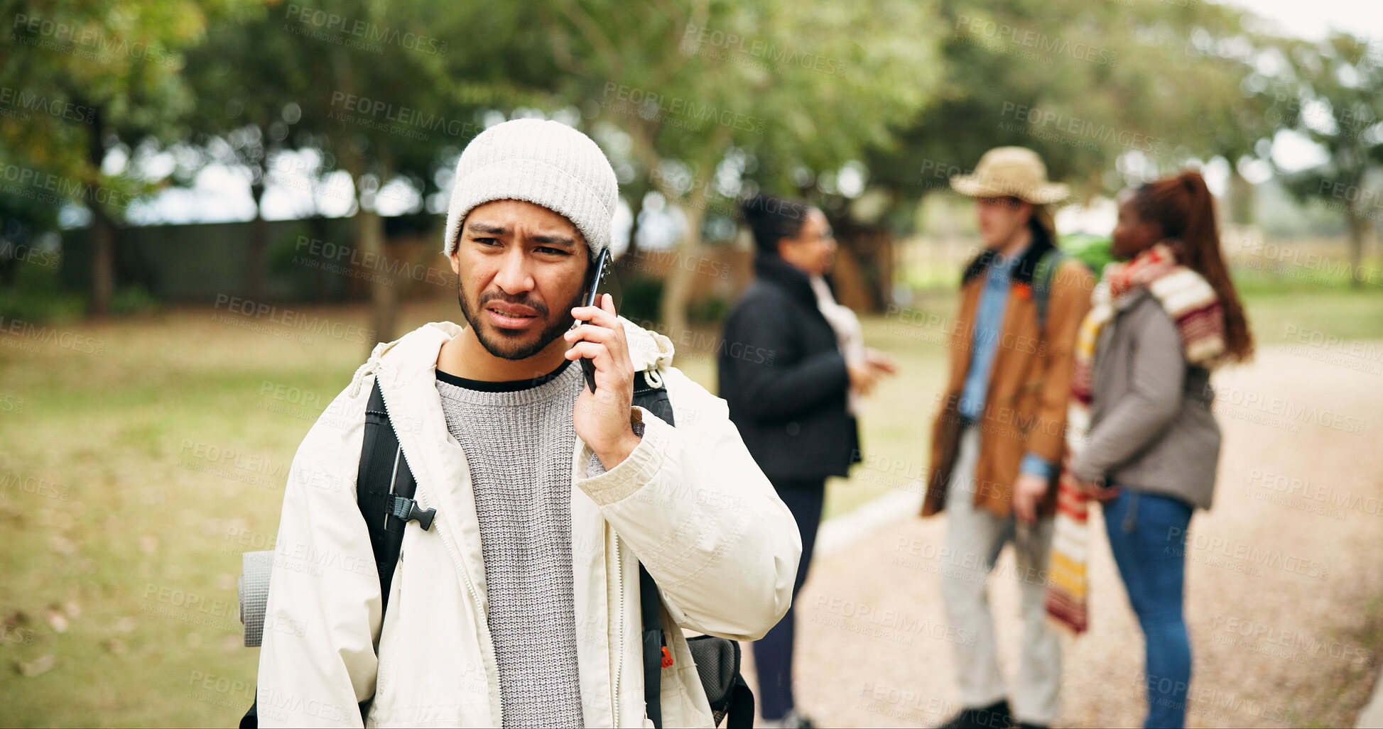 Buy stock photo Confused, hiking and phone call with man in nature for no signal, location crisis and guide mistake. Connection issue, communication problem and trekking fail with people outdoor for travel error