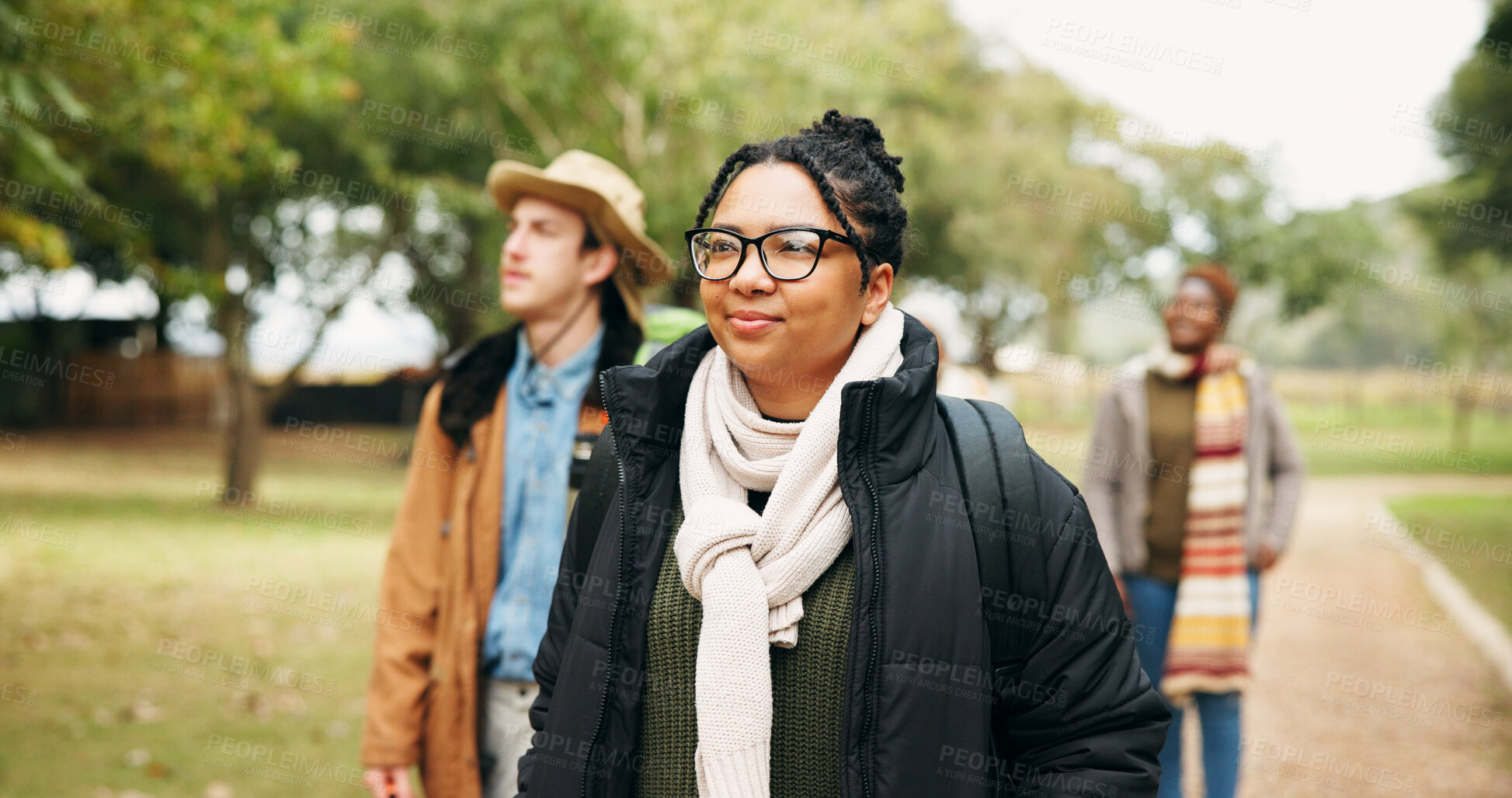 Buy stock photo Smile, walk and hiking with woman in nature for eco travel vacation, adventure and weekend break. Trekking, winter holiday and sustainability tourism with people outdoor for explore and trip