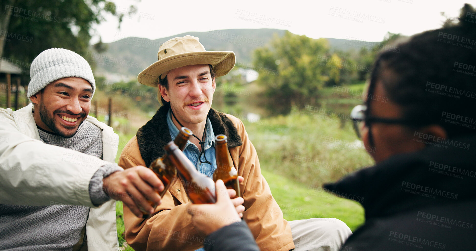 Buy stock photo Beer, cheers and camping with friends in nature for holiday getaway, bonding and celebration. Adventure, travel vacation and toast with group of people and drink outdoor for support and alcohol