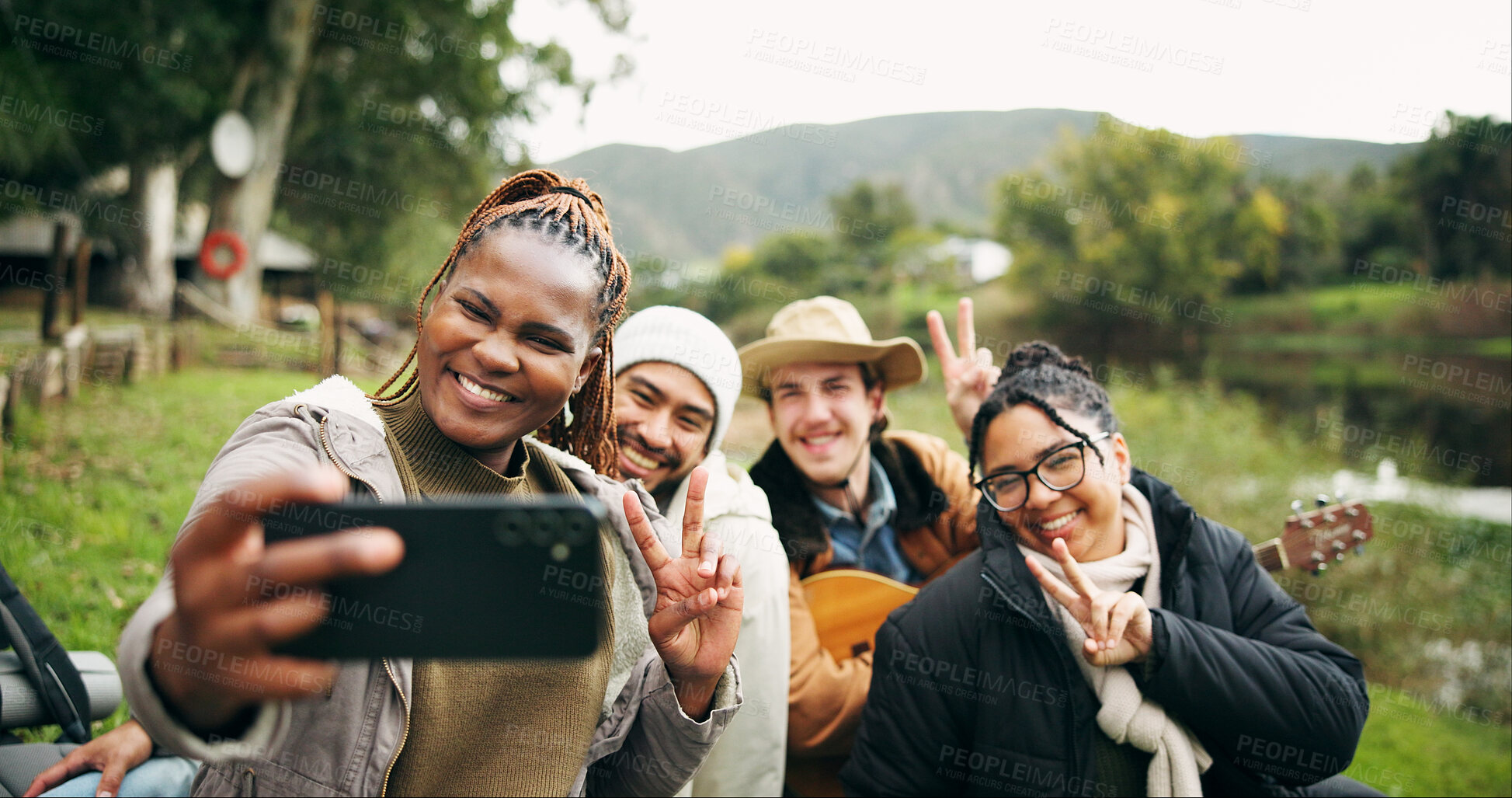 Buy stock photo Selfie, camping and peace sign with friends in nature for social media post, adventure and profile picture. Trekking holiday, photography memory and vacation with group of people outdoor for trip