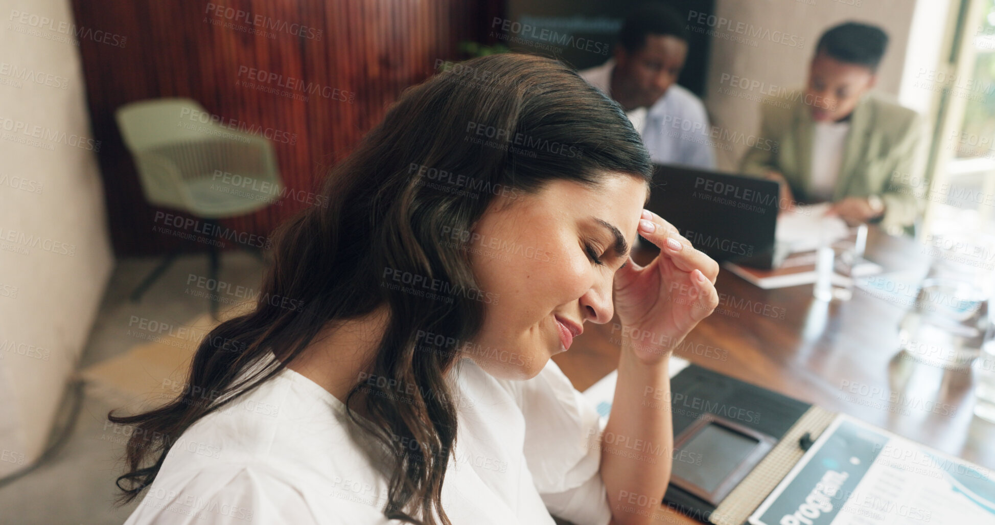Buy stock photo Headache, stress and businesswoman in office with burnout, fatigue or deadline for property contract. Overwhelmed, meeting and female real estate agent with migraine for residential sale mistake.