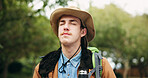 Peace, breathing and hiking with man in nature for eco tourism, travel adventure and national park. Sustainability vacation, backpacking and trekking with person outdoor for wellness and relax
