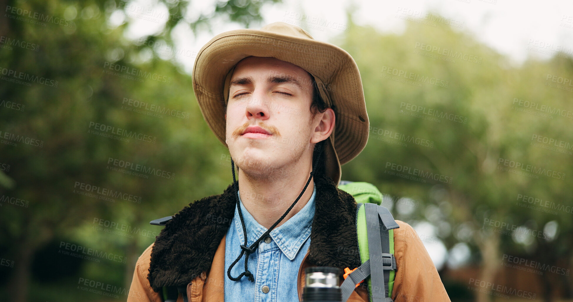 Buy stock photo Peace, breathing and hiking with man in nature for eco tourism, travel adventure and national park. Sustainability vacation, backpacking and trekking with person outdoor for wellness and relax