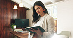Finance, report and tablet with business woman in office for investment or portfolio review. App, budget and information with financial employee in workplace for planning, research or update