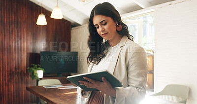 Buy stock photo Finance, report and tablet with business woman in office for investment or portfolio review. App, budget and information with financial employee in workplace for planning, research or update