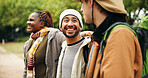 Holiday, hiking and laughing with friends in nature for relax, adventure and winter vacation. Weekend break, wilderness explore and travel getaway with people outdoor for trekking, joke and bonding