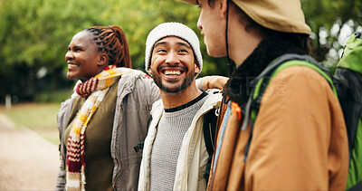 Buy stock photo Holiday, hiking and laughing with friends in nature for relax, adventure and winter vacation. Weekend break, wilderness explore and travel getaway with people outdoor for trekking, joke and bonding