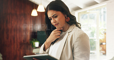Buy stock photo Finance, tablet and thinking with confused woman in office for investment or portfolio review. App, information and planning with financial employee in workplace for problem solving or research