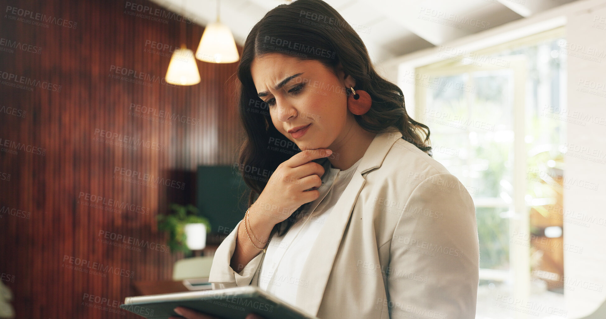 Buy stock photo Finance, tablet and thinking with confused woman in office for investment or portfolio review. App, information and planning with financial employee in workplace for problem solving or research