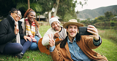 Buy stock photo Selfie, hiking and peace sign with friends in nature for social media post, adventure and profile picture. Trekking holiday, photography memory and vacation with group of people outdoor for trip