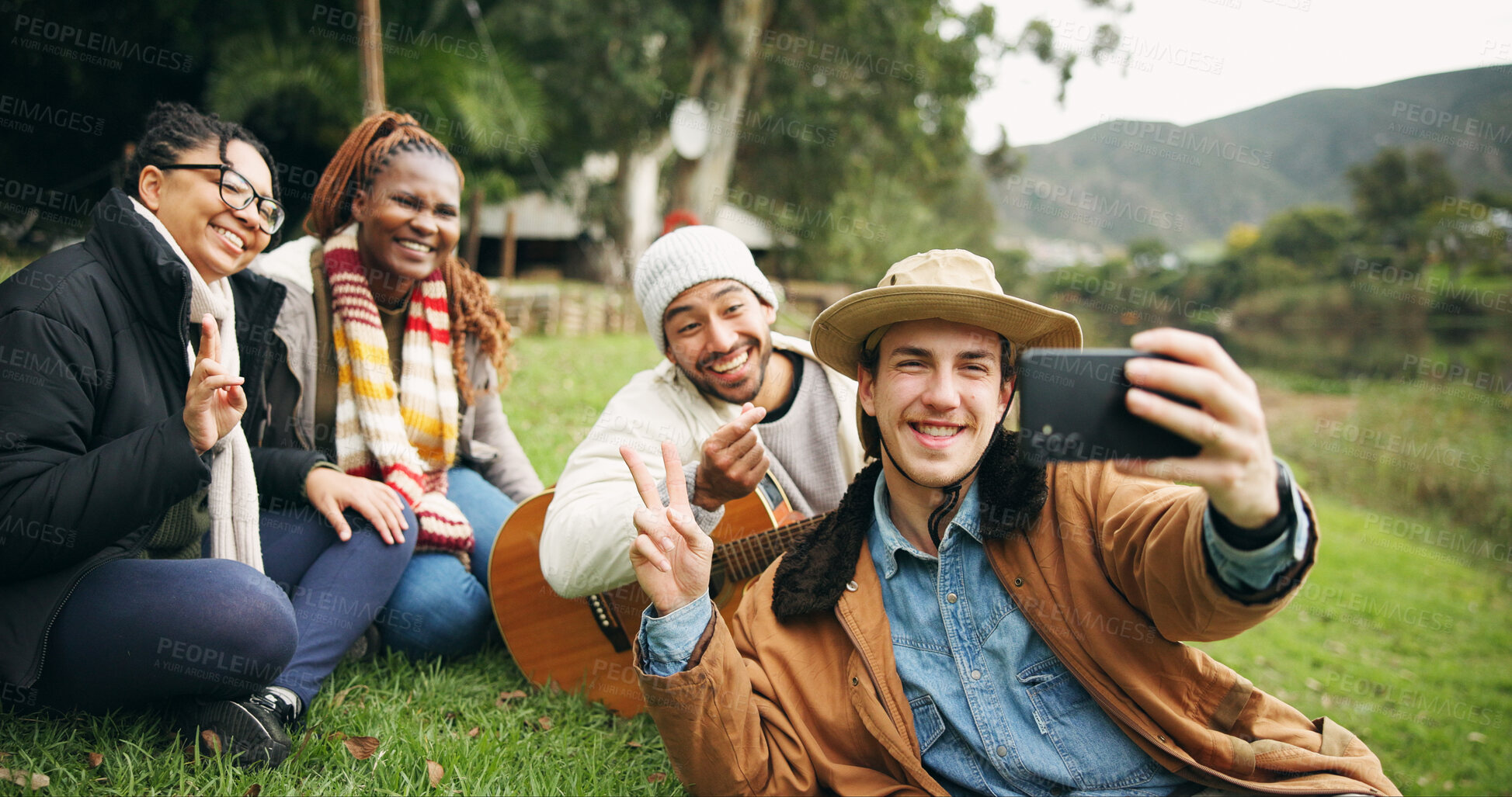 Buy stock photo Selfie, hiking and peace sign with friends in nature for social media post, adventure and profile picture. Trekking holiday, photography memory and vacation with group of people outdoor for trip