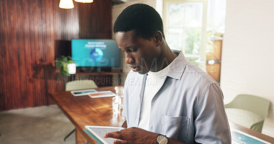 Buy stock photo Search, scroll and tablet screen with business black man in office for funding or investment pitch. App, information and review with employee in workplace agenda, project update or schedule