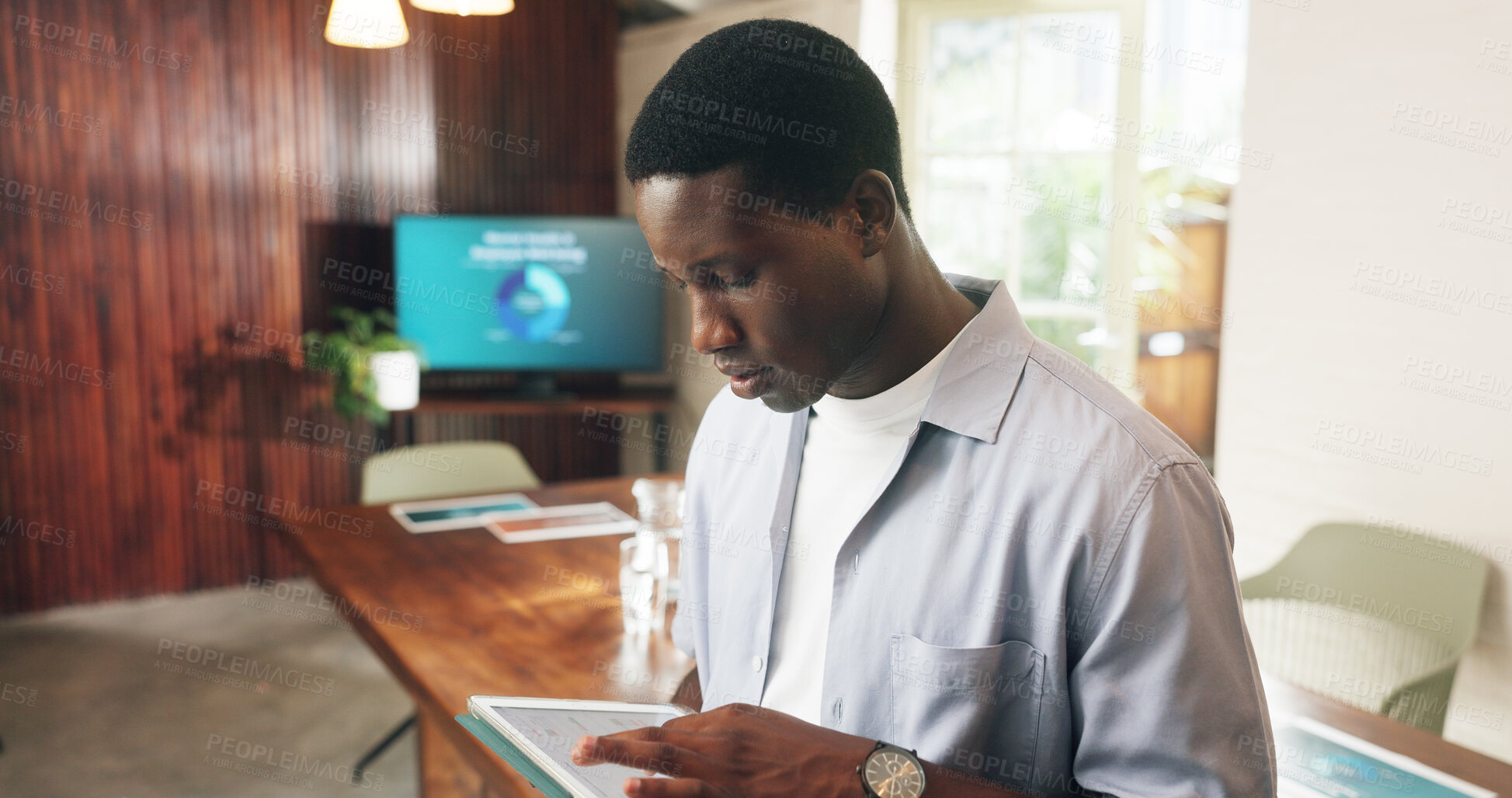 Buy stock photo Search, scroll and tablet screen with business black man in office for funding or investment pitch. App, information and review with employee in workplace agenda, project update or schedule