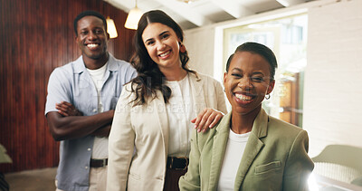 Buy stock photo Happy, professional and portrait of business people in office with teamwork for company about us. Crossed arms, smile and group of real estate agents with pride for collaboration in workplace.