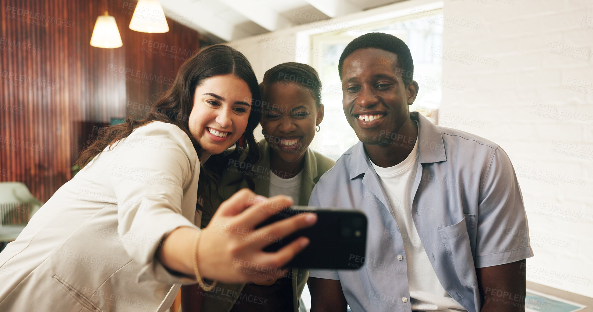 Buy stock photo Business people, team and selfie with smile at startup with memory, photography and bonding at office. Women, man and happy with profile picture, social media and post on web at creative agency