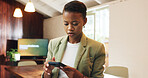 Message, review or black woman in office with phone, agenda change or project discussion in online chat. Reading, digital or employee with tech, meeting schedule and feedback on report update.