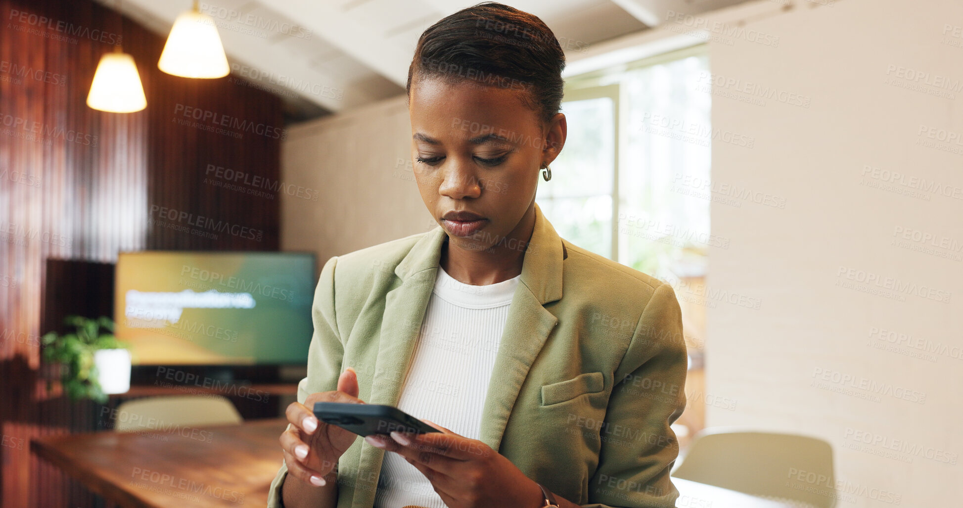 Buy stock photo Message, review or black woman in office with phone, agenda change and business project in online chat. Reading, digital and employee with technology, schedule app and feedback on report update.