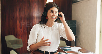 Buy stock photo Headset, planning and business woman in office, vendor instructions and contact for problem solving. Smile, talking and event coordinator with tech for troubleshooting, scheduling or operational info