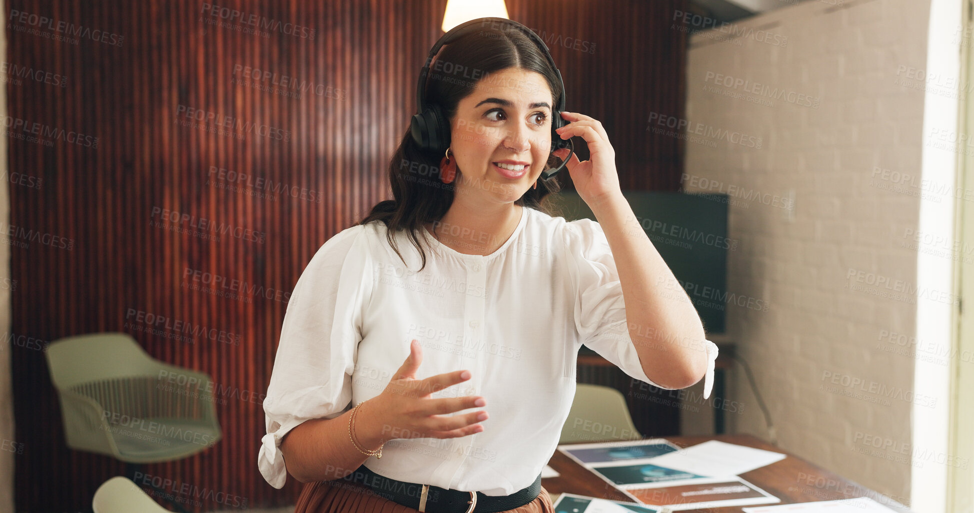 Buy stock photo Headset, planning and business woman in office, vendor instructions and contact for problem solving. Smile, talking and event coordinator with tech for troubleshooting, scheduling or operational info