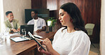 Data, finance and tablet with business woman in office for investment or portfolio management. App, information and planning with financial employee in workplace for colleague meeting or update