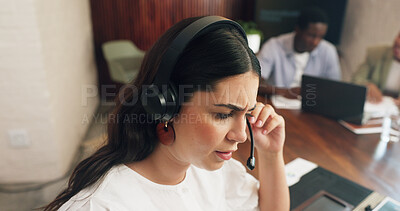 Buy stock photo Confused, headset and business woman in office for schedule mistake, virtual assistant and error. Stress, doubt and person on call for online consulting, client issue and feedback for admin problem